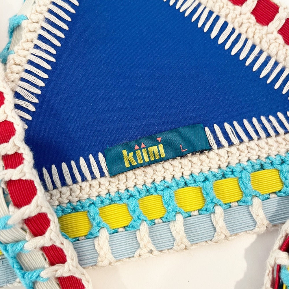Kiini Tasmin Crochet Trim Triangle Bikini Top Cobalt Blue Multi Color Womens L - Picture 3 of 4